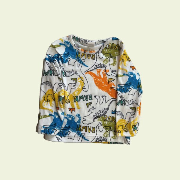Camiseta de bebé blanca con dinosaurios de colores – divertida y cómoda