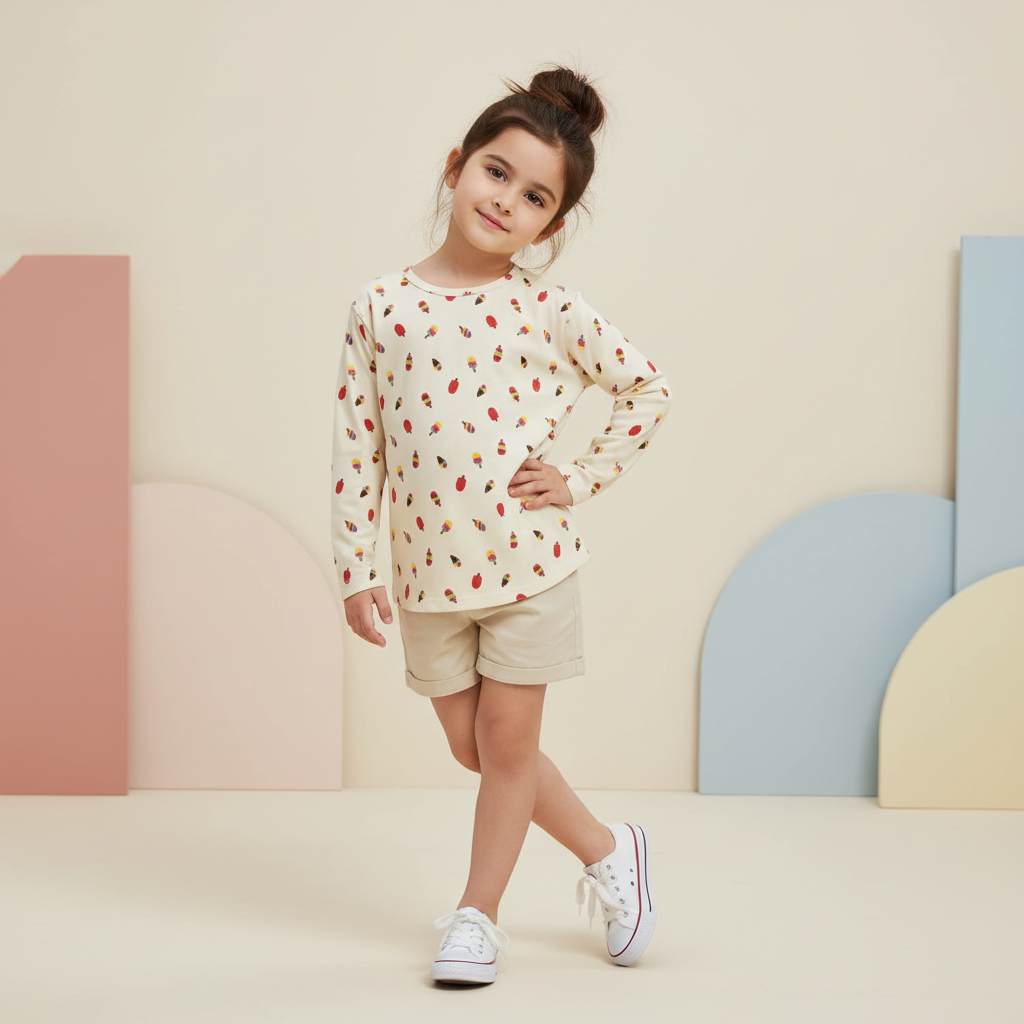 Camiseta de Nena con Estampa de Heladitos – Manga Larga Blanca y Divertida