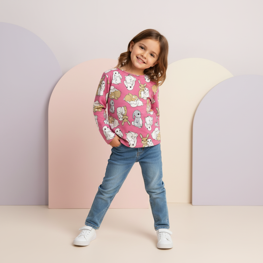 Camiseta Rosa de Manga Larga para Nena con Estampa de Conejos