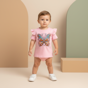 Musculosa rosa de bebé con mariposa colorida – diseño alegre y delicado