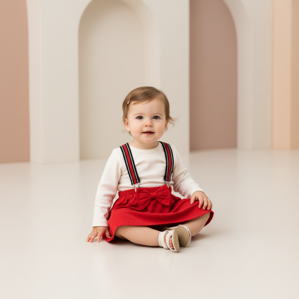 Pollera Bebé con Tiradores Ajustables y Moño Decorativo