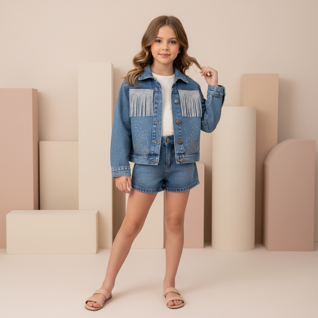 Campera de Jean para Nena con Strass y Flecos