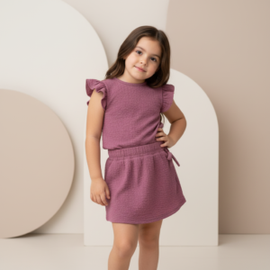 Conjunto de Nena – Remera con Volados y Pollera Texturizada